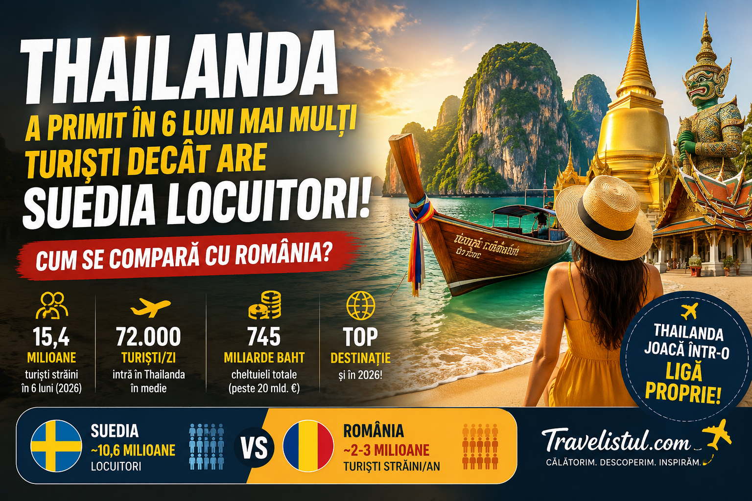 Thailanda a primit în 6 luni mai mulți turiști decât are Suedia locuitori. Cum se compară cu România? Thailanda a primit în 6 luni mai mulți turiști decât are Suedia locuitori. Cum se compară cu România?