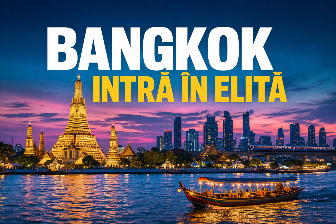 Bangkok în Top 10, cu Wat Arun și skyline-ul capitalei Thailandei la apus