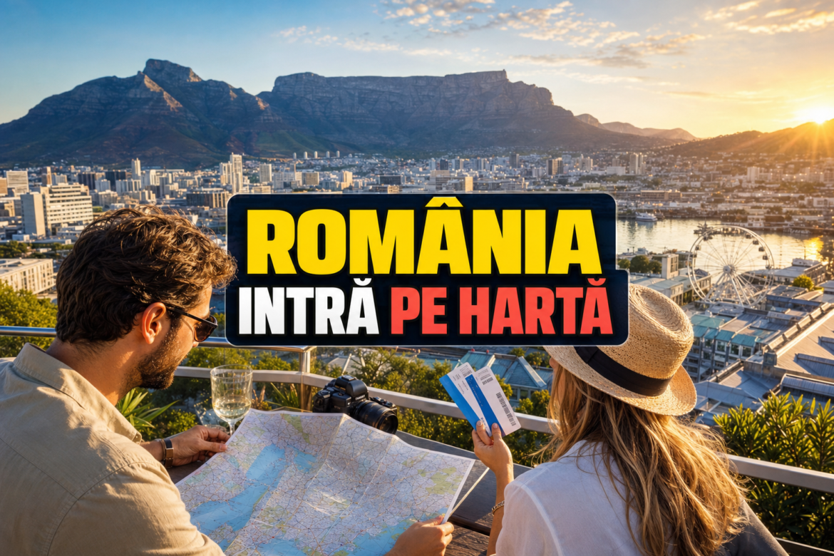 Cape Town pentru români, cu Table Mountain și zona V&A Waterfront la apus