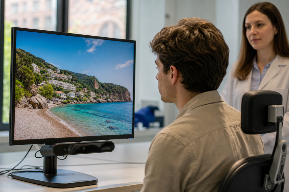 Participant la un test eye-tracking cu imagini de destinații de vară