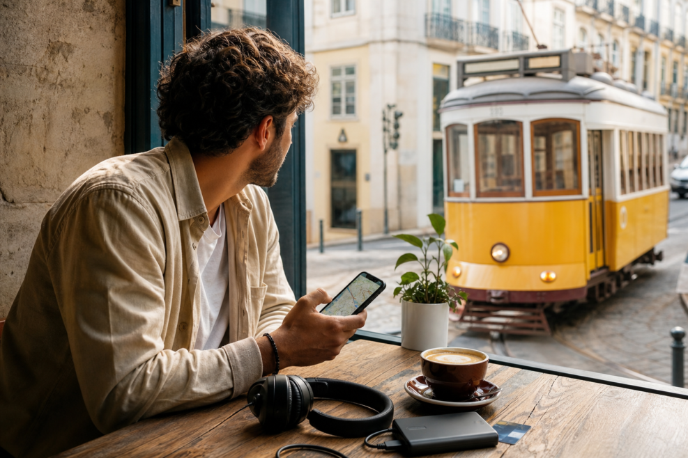 Turist care folosește hărți offline și telefonul pentru planificarea călătoriei
