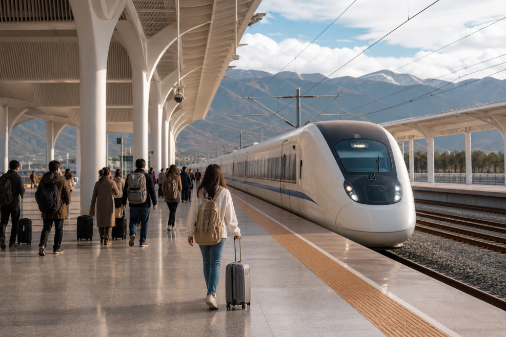 Călători și tren de mare viteză în gara Dali pentru o vizită în Yunnan