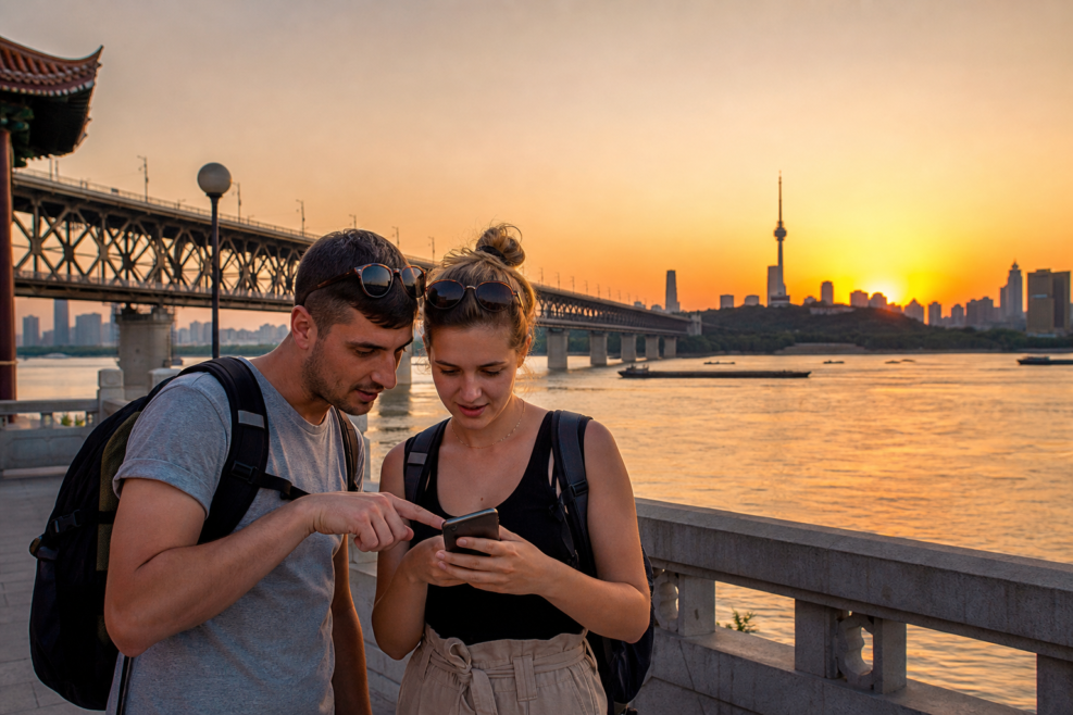 Turiști care planifică un traseu cultural în Wuhan, China