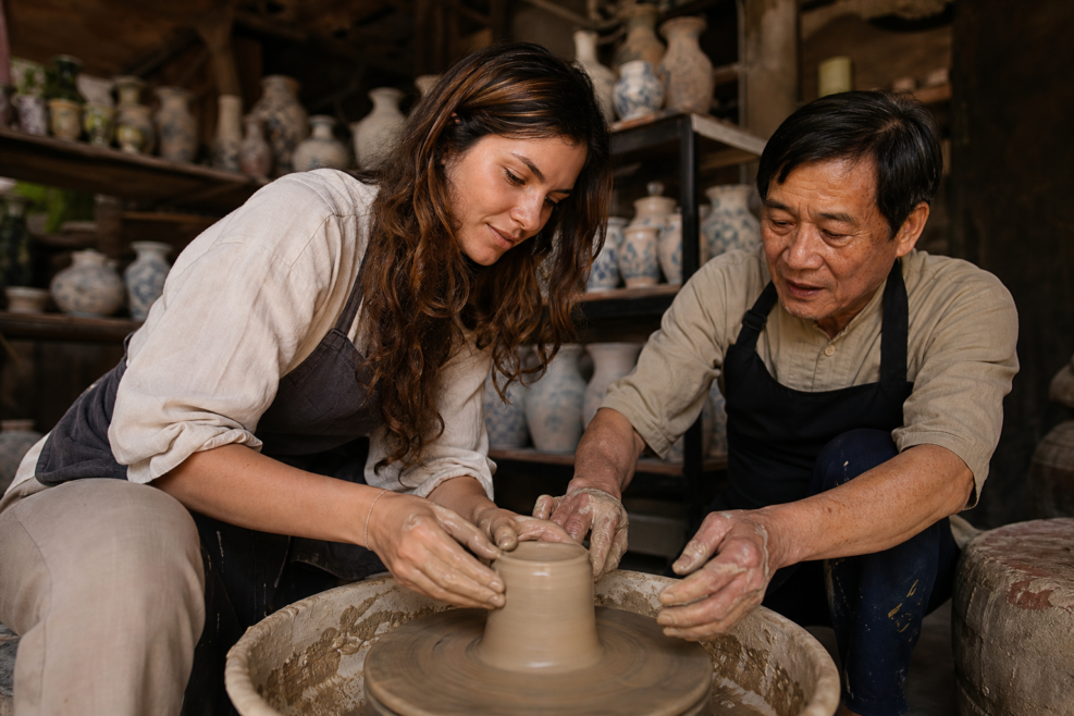 Turist care modelează ceramică în satul Bát Tràng de lângă Hanoi
