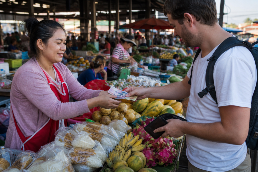 Plată cu kip laoțian într-o piață din Vientiane