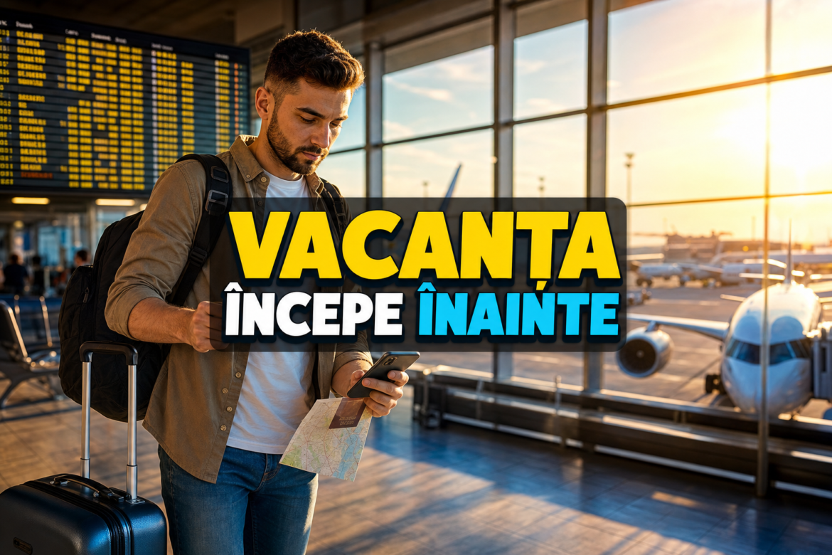 Travelist modern verifică documentele și zborul înainte de plecare pe Aeroportul Henri Coandă