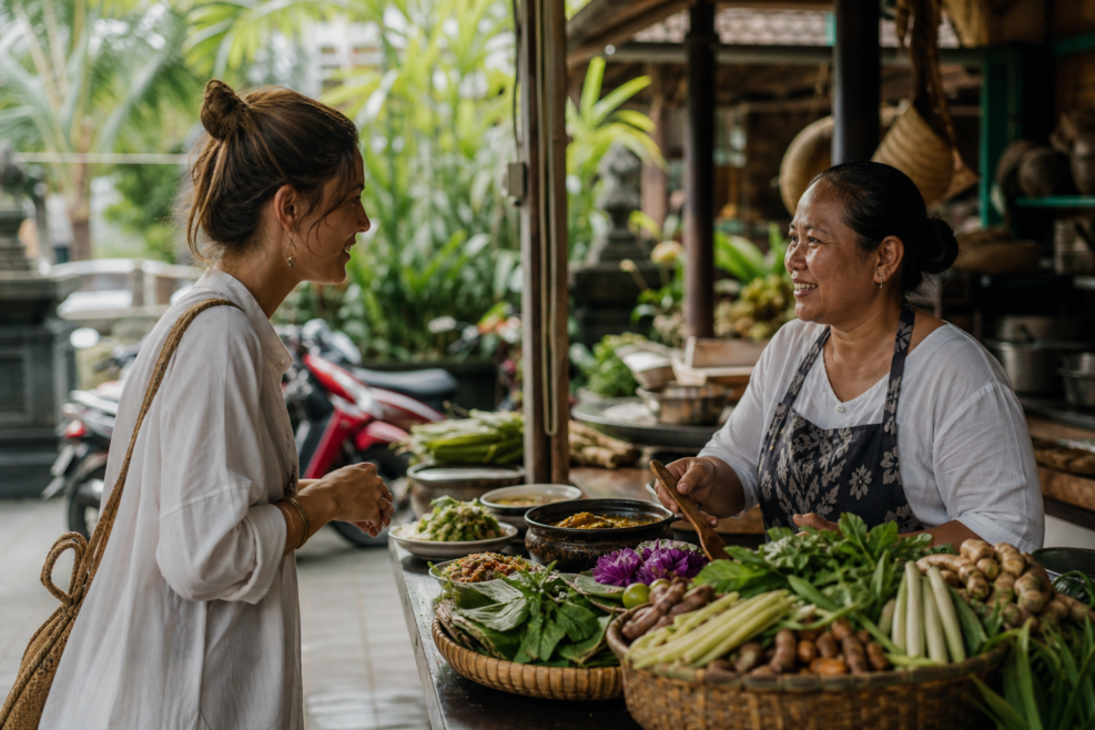 Călătoare descoperind gastronomia locală într-o warung din Bali