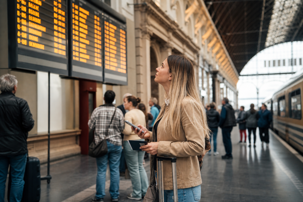Pasageră verifică un tren Otopeni afectat înainte de zbor