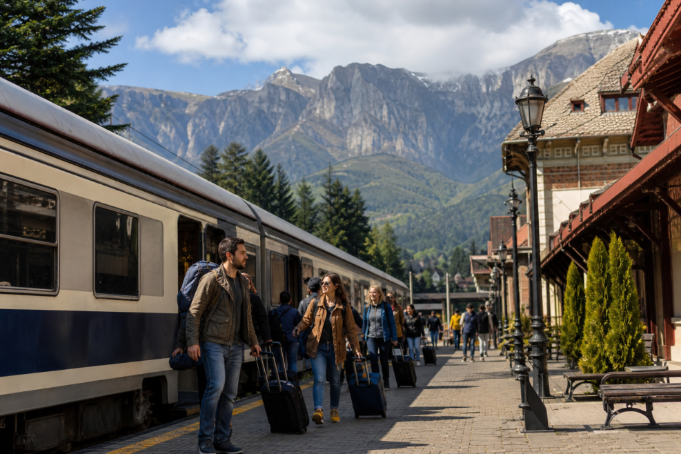 Turiști sosind cu trenul în Sinaia pentru o escapadă montană