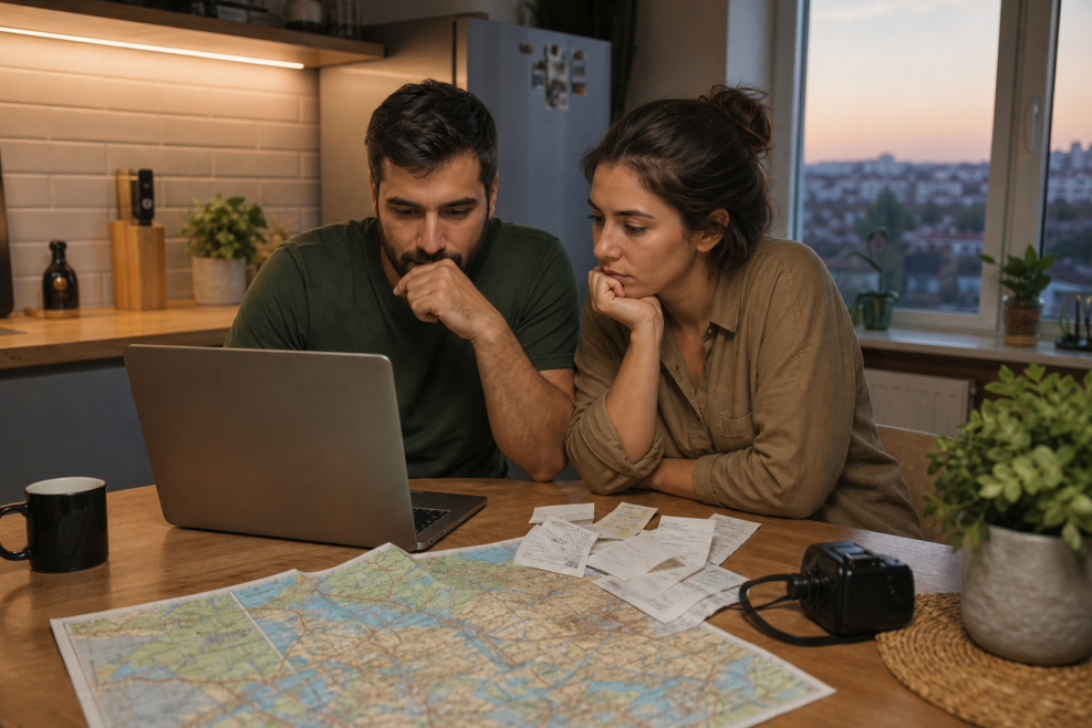 Familie care analizează cheltuielile pentru o vacanță de o săptămână