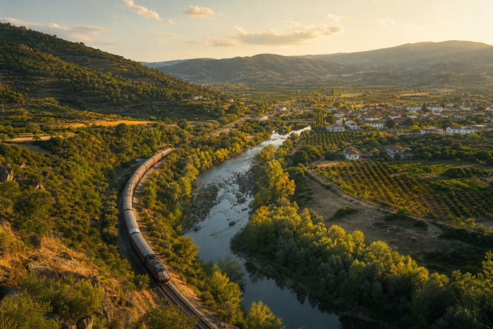 Tren traversând peisajul rural al Portugaliei pentru turism feroviar lent