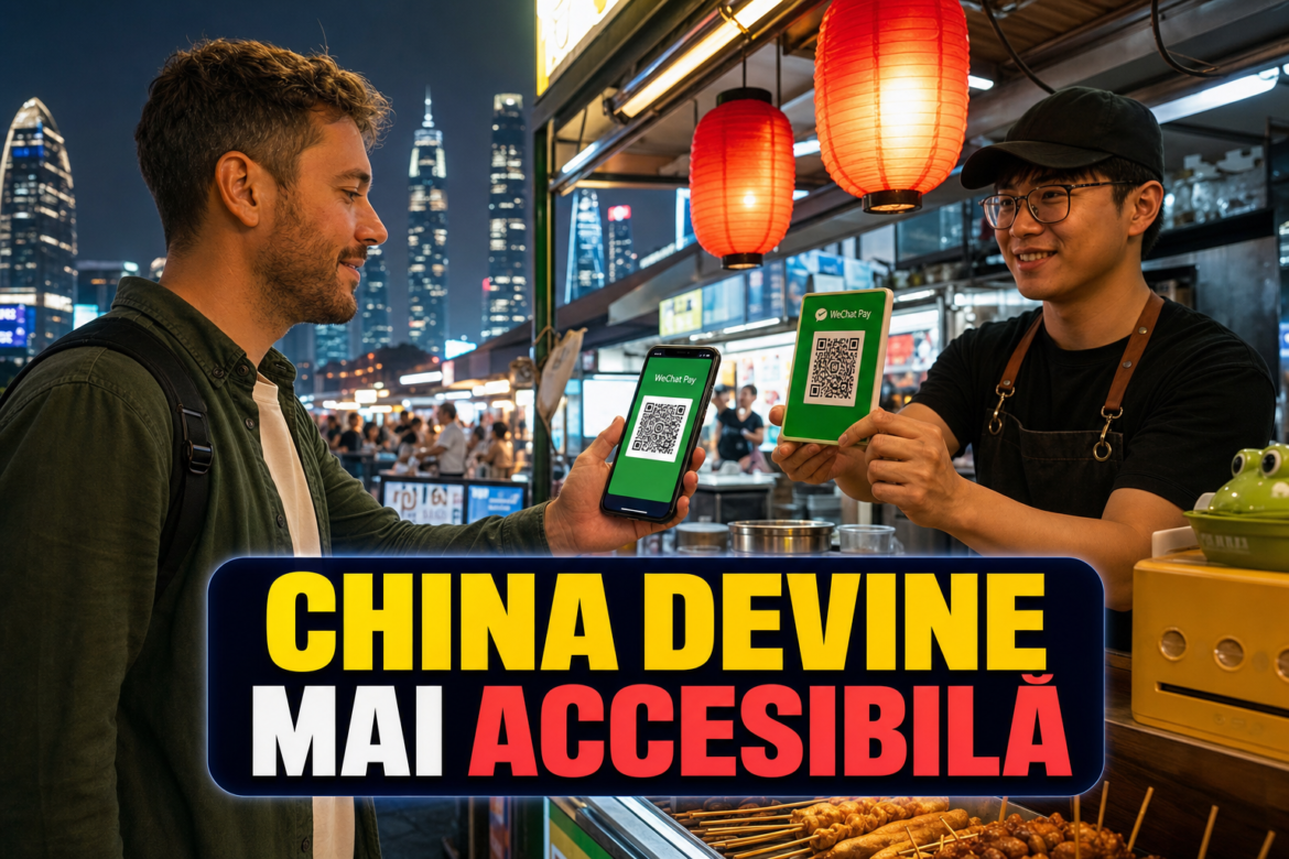 WeChat Pay în 16 limbi folosit de un turist pentru plata cu cod QR în Shenzhen, China