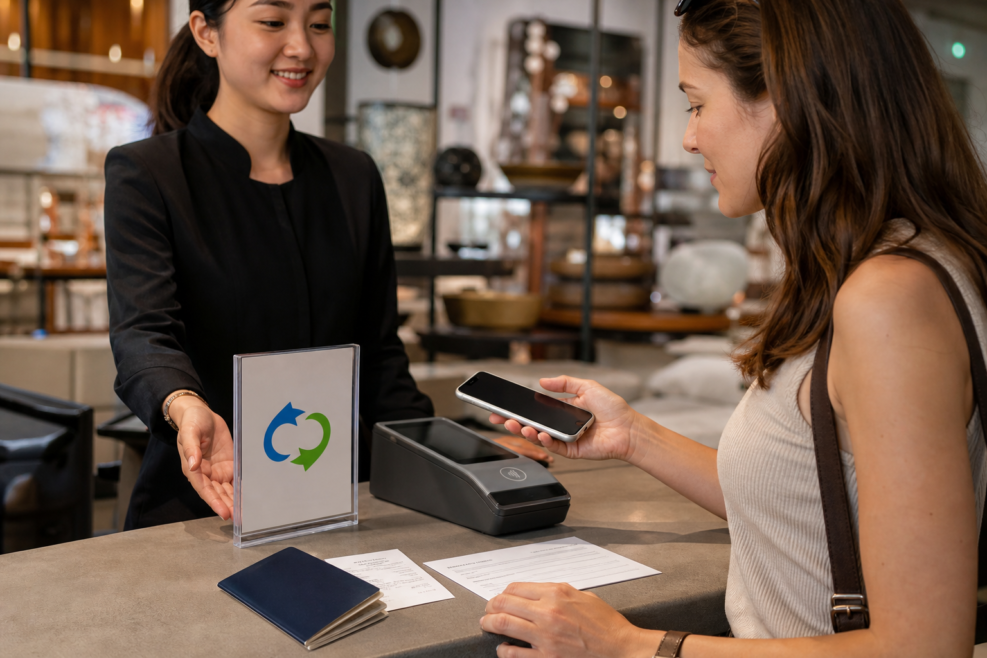 Turistă care plătește digital și pregătește tax refund în Chongqing