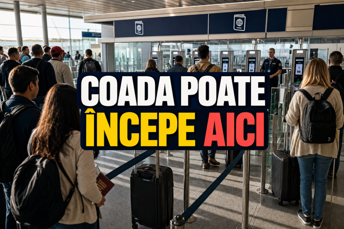 EES la frontieră, control biometric și coadă de pasageri într-un aeroport european