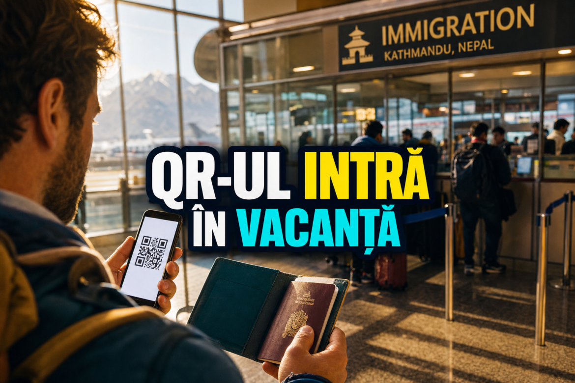 Identitate digitală Nepal pentru turiști, cu cod QR pe telefon și pașaport la aeroportul din Kathmandu