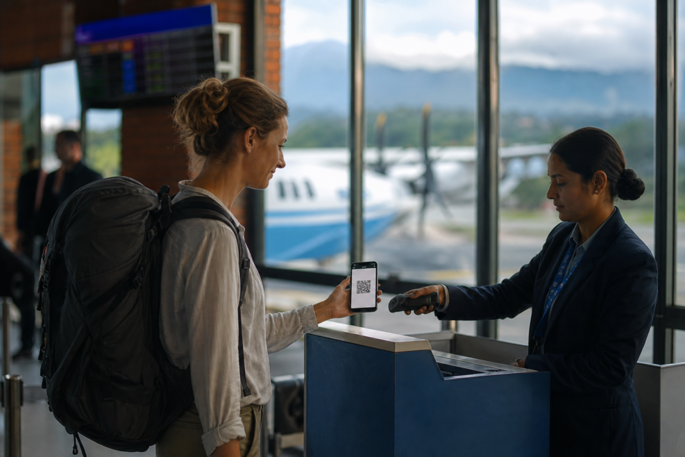 Verificare cu QR pentru un turist la un zbor intern din Nepal
