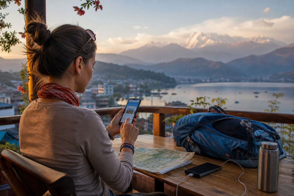 Turistă cu eSIM și telefon pregătit pentru servicii digitale în Nepal