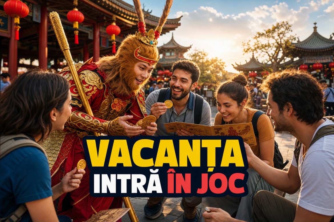 NPC-uri turistice în China: actor costumat ca Regele Maimuță interacționează cu vizitatori într-un parc cultural.
