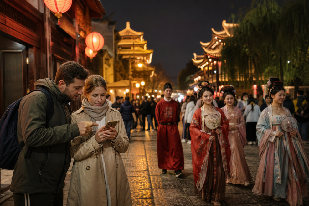 Turiști planifică o experiență cu personaje live într-un cartier istoric din Xi'an.