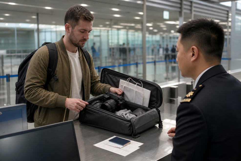 Turist prezintă bunuri și documente pentru tax refund la plecarea din China