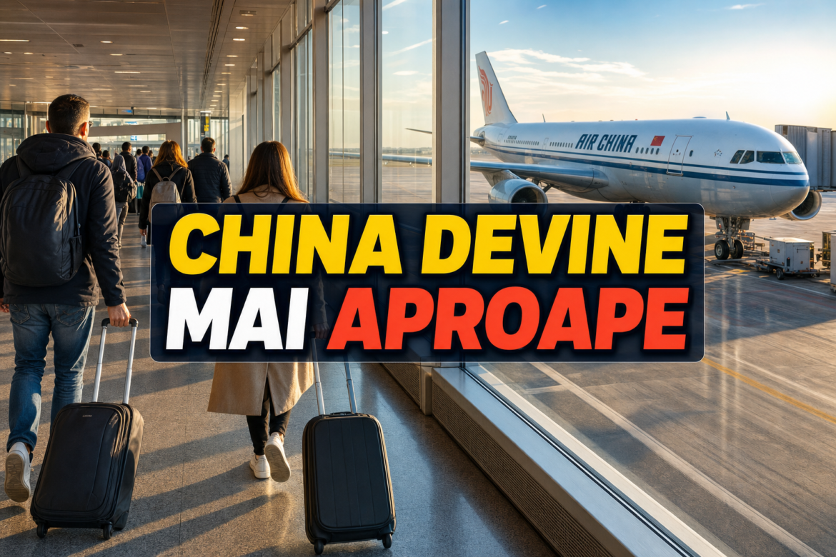 Români în China, pregătindu-se de plecarea directă București–Beijing de la Otopeni
