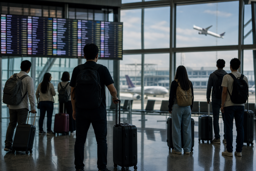 Călători pe aeroportul din Bangkok alegând rute în Asia de Sud-Est