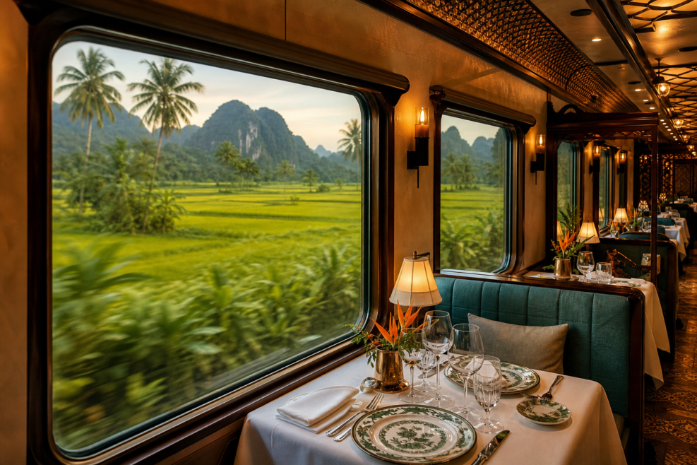 Interior de vagon restaurant pentru o experiență feroviară premium în Vietnam.