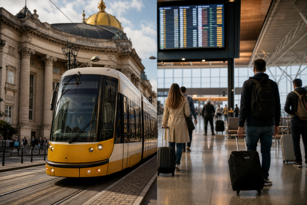 Transport public la Bruxelles și pasageri într-un aeroport din Portugalia